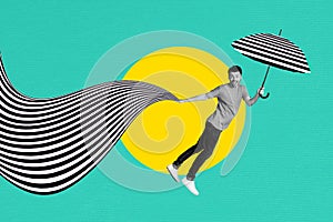 Composite photo collage of young smile man fly umbrella wind pattern zebra stripe parasol isolated on painted background