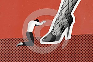 Composite photo collage of young tiny man barefoot beg huge female heels leg bossy dominate feminism power isolated on