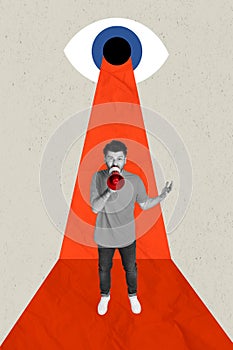 Composite photo design collage of young furious man hold megaphone announce bad news while eyeball oversee isolated on