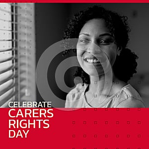 Composite of portrait of biracial smiling mid adult woman at home and celebrate carers rights day photo