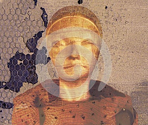 Composite portrait photo using foam model shows beggar, monk, medieval, head shoulders against wall. photo