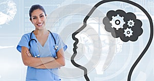 Composite of portrait of smiling female doctor and human head with gears against scribbles