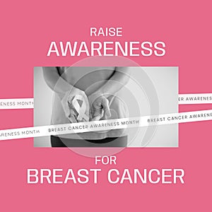 Composite of raise awareness for breast cancer text over caucasian woman hands with pink ribbon