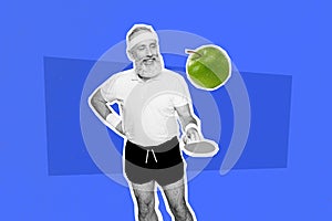 Composite sketch image 3D photo collage of aged sportsman play mini tennis with apple tasty fruit keep balance diet