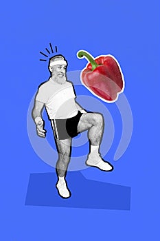 Composite sketch image 3D photo collage of aged sportsman play warmup wit huge vegie pepper keep diet vegetarian healthy