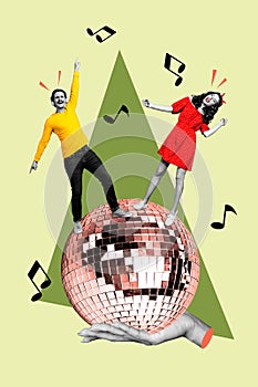 Composite sketch image 3D photo collage of young lady man date couple dance on huge disco ball music play hand hold