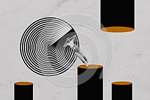 Composite sketch image artwork collage of huge hole black circles print platform young shocked lady fall down disbalance