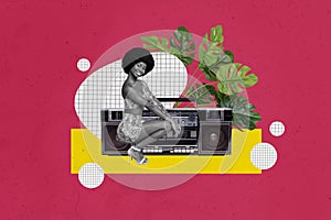 Composite sketch image photo collage of red colored background young attractive lady afro hairstyle sit retro boombox