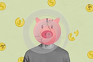 Composite sketch image trend 3D photo collage of young incognito headless man stand straight pig cracke money collection