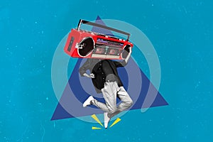 Composite sketch image trend artwork 3D photo collage of headless man funky dance incognito huge boombox instead retro
