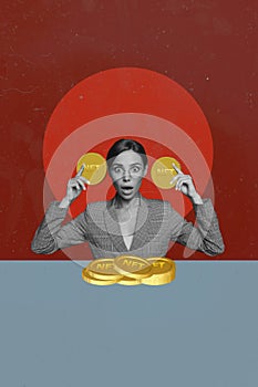 Composite sketch image trend artwork 3D photo collage of rich business lady hold huge nft coins money ebank in hand look