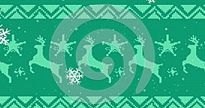 Composite of snow falling over christmas pattern on green background