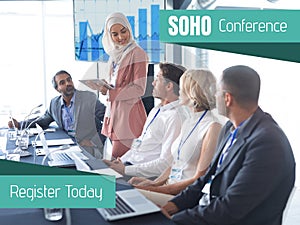 Composite of soho conference, register today text over diverse colleagues discussing in meeting