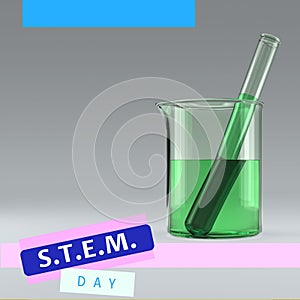 Composite of stem day text over green chemical in test tube and flask on white background