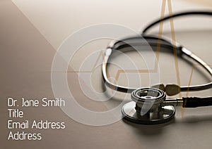 Composite of stethoscope on table, pulse lines with dr jane smith, title, email address and address
