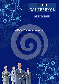 Composite of tech conference, venue and date, timings and hexagons with caucasian business people