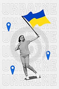 Composite template collage of funky young woman hold blue yellow flag peace country ukraine stop war activist isolated