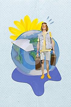 Composite template travel agency ad collage of young hippie hold baggage airplane over world save money lowcost isolated