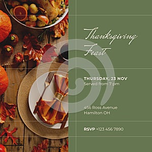 Composite of thanksgiving feast text over dinner place setting with autumn leaves