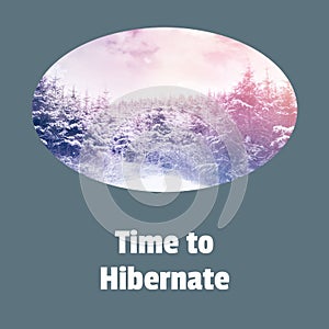 Composite of time to hibernate text over winter scenery