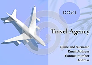 Composite of toy airplane and logo, travel agency, name, surname, address, contact and email details