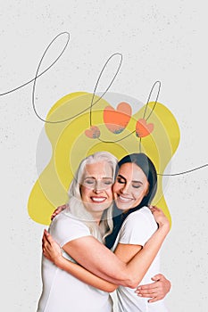 Composite trend artwork 3D photo collage of aged mom young daughter generation hug cozy best friends congratulations