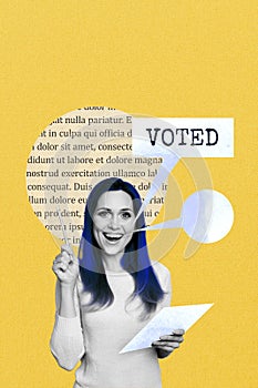 Composite trend artwork collage of clever excited lady hold notebook pen in hand gray background hold blank voted choice