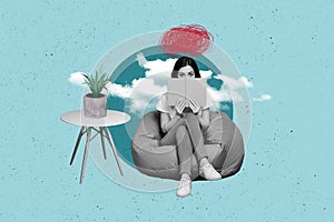 Composite trend artwork image collage of blue sky black white young lady sit beanbag hold hand book doodle mind think