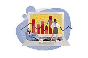 Composite trend artwork image photo collage of tiny women coworking on huge laptop office manager analyze stats graphics