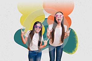 Composite trend artwork sketch 3D photo collage of mother daughter tongue funny glasses show hand gesture rock roll