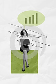 Composite trend artwork sketch image 3D photo collage of young businesswoman sit holdin office laptop in hand think