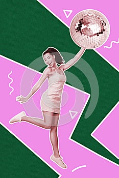 Composite trend artwork sketch image 3D photo collage of young fashion attractive lady dance hold in hand disco ball