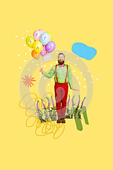 Composite trend artwork sketch image 3d photo collage of young smiled man hold in hand gift helium ballons fly in air