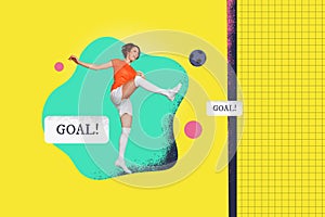 Composite trend image 3D photo collage of excited active girl open mouth scream goal foot kick ball isolated on green