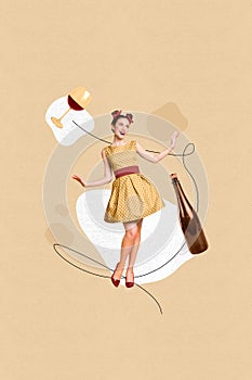 Composite vertical design collage picture retro discotheque of funny girl drinking wine glass sommelier isolated on