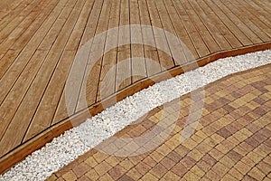 Composite Wood Decking, White Marble Gravel And Stone Brick Paving