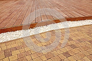 Composite Wood Decking, White Marble Gravel And Stone Brick Paving