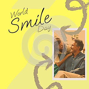 Composite of world smile day text and caucasian couple smiling over arrows on yellow background