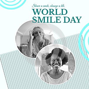 Composite of world smile day text and diverse women smiling over green background