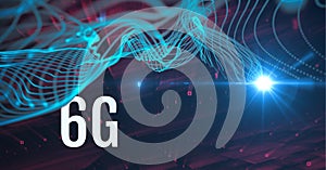 Composition of 6g text over glowing light network of blue light trails and pink points