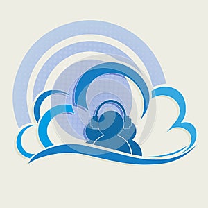Composition of abstract computer cloud in blue with abstract silhouettes of people.