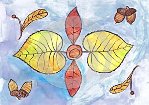 Composition of acorns and autumn leaves on blue background. Children `s drawing, mixed technique