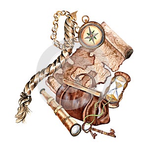 Composition of adventure items vintage style watercolor illustration isolated on white.