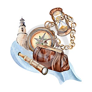 Composition of adventure items vintage style watercolor illustration isolated on white. Compass, spyglass, handbag