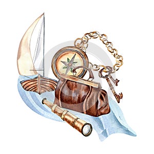 Composition of adventure items vintage style watercolor illustration isolated on white. Compass, spyglass, sailboat