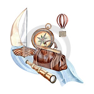 Composition of adventure items vintage style watercolor illustration isolated on white. Compass, spyglass, sailboat