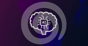 Composition of ai text and brain over world map on purple background