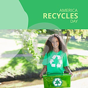 Composition of america recycles day text over african american girl with recycling symbol