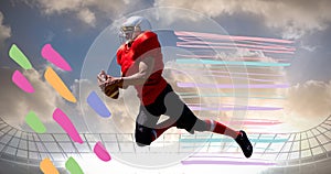 Composition of american football player with ball over colourful splodges and sports stadium