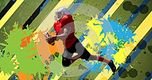 Composition of american football player with ball over colourful splodges and stripes